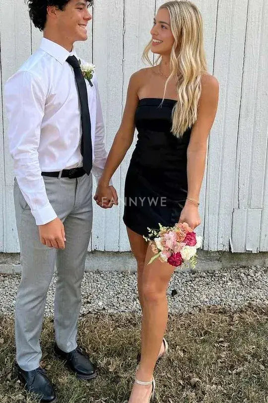 FannyWe Simple Strapless Scoop Neck Satin Sleeveless Bodycon Homecoming Dress formal wear dresses